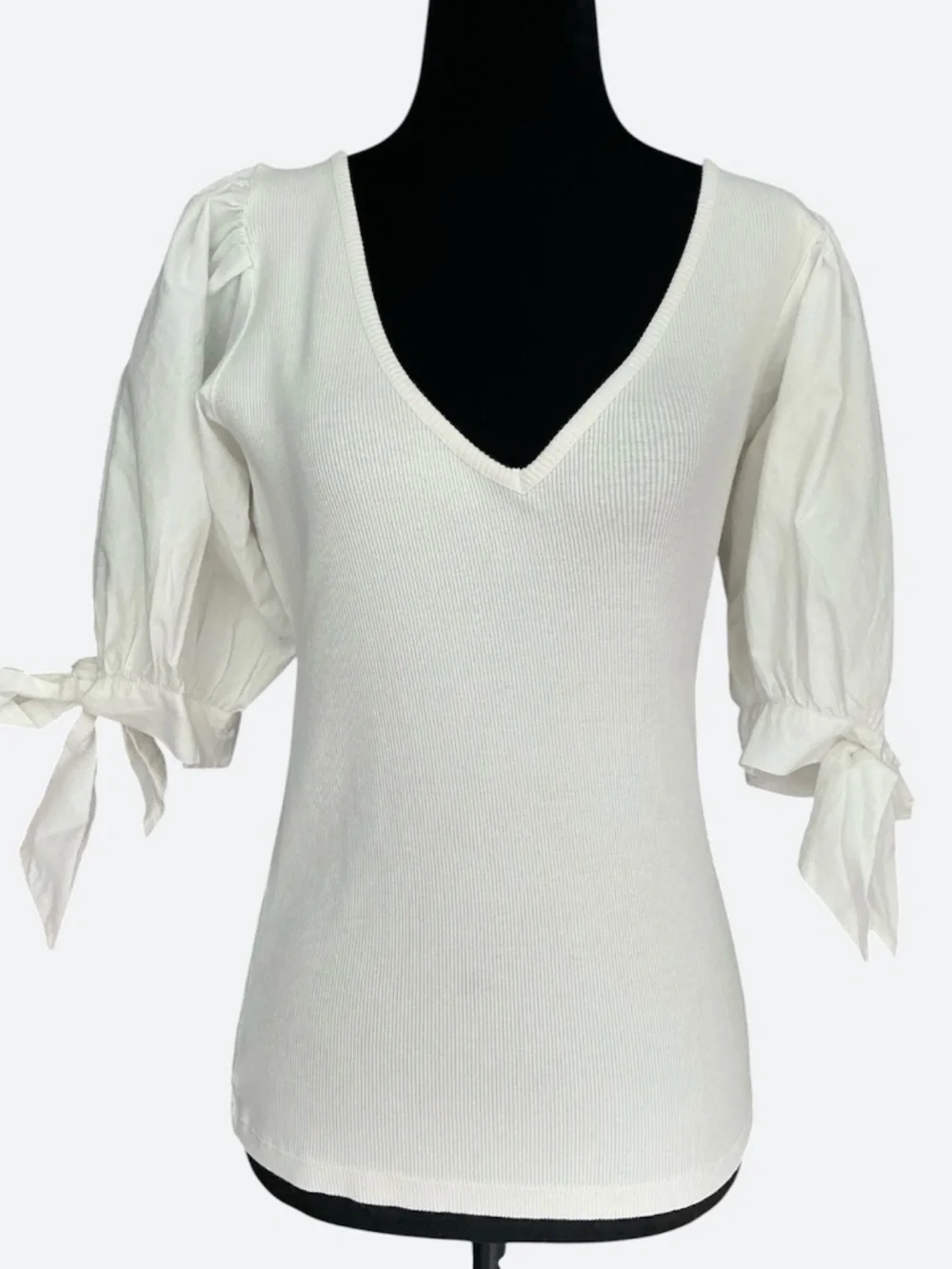 Anthropologie Maeve White Ribbed Cotton Knit V Neck Puff Sleeve Bow Top SZ S